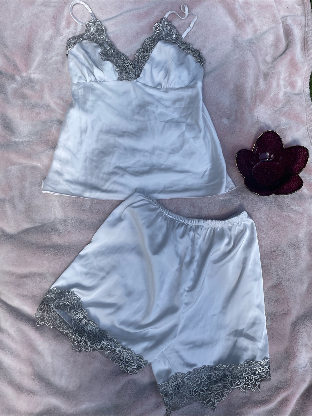 Silky Lace-Trim Cami Set in White and Silver